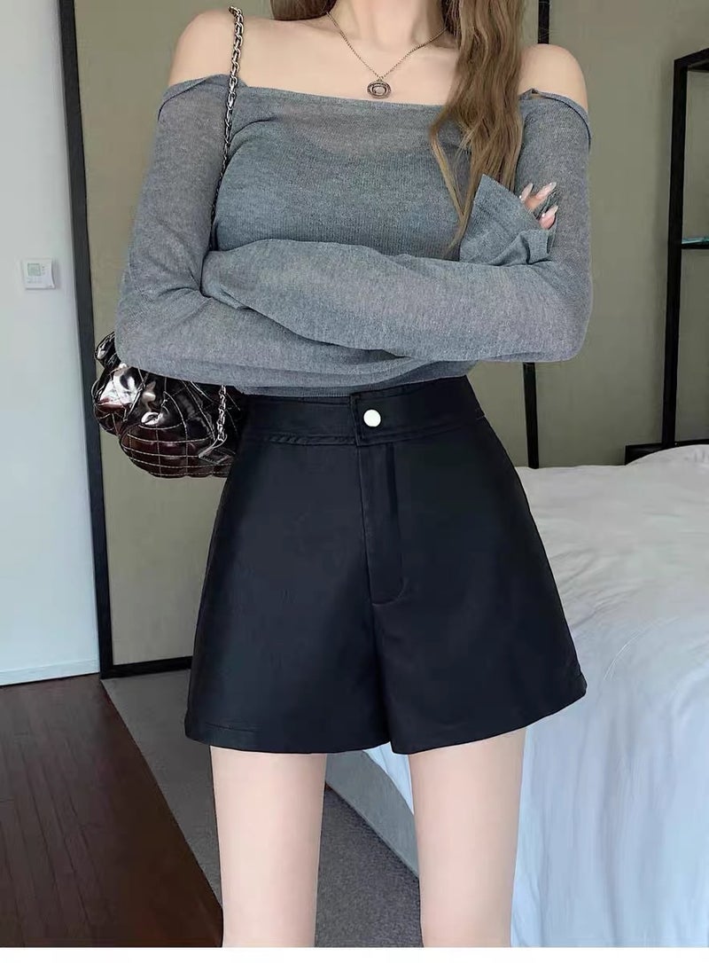 Black Pu Leather Pants Women'S Girl High Waist Slimming Elegant Socialite A- Line Casual Wide Leg Shorts Outer Wear Boot Pants - Image 1