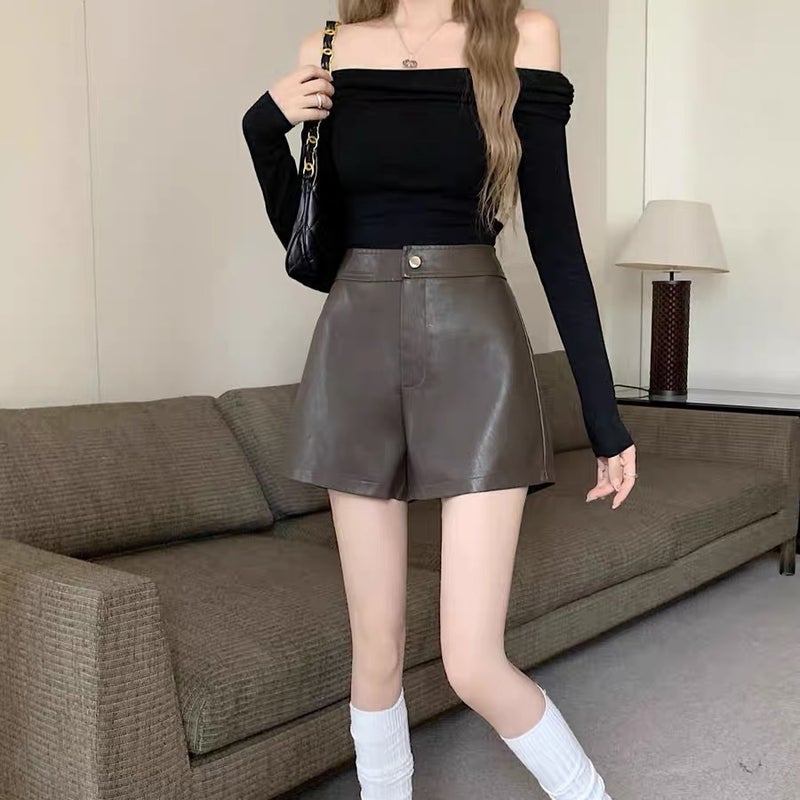 Black Pu Leather Pants Women'S Girl High Waist Slimming Elegant Socialite A- Line Casual Wide Leg Shorts Outer Wear Boot Pants - Image 2