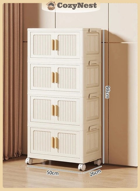 خزانة تخزين بلاستيكية قابلة للطي بـ4 طبقات مع أبواب قابلة للفتح وعجلات، بعرض 50 سم، صناديق تنظيم قابلة للتكديس للملابس والألعاب واللوازم المكتبية