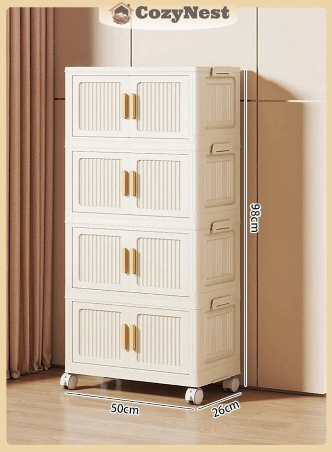 كوزينيست خزانة تخزين بلاستيكية قابلة للطي بـ4 طبقات مع أبواب قابلة للفتح وعجلات، بعرض 50 سم، صناديق تنظيم قابلة للتكديس للملابس والألعاب واللوازم المكتبية - Image 1