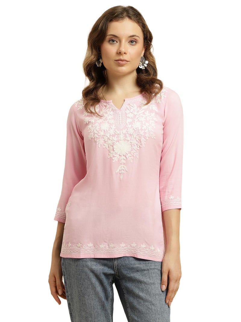 QAZMI Kashmiri Embriodered Short Kurti Light Pink Aari Short_L - Image 1