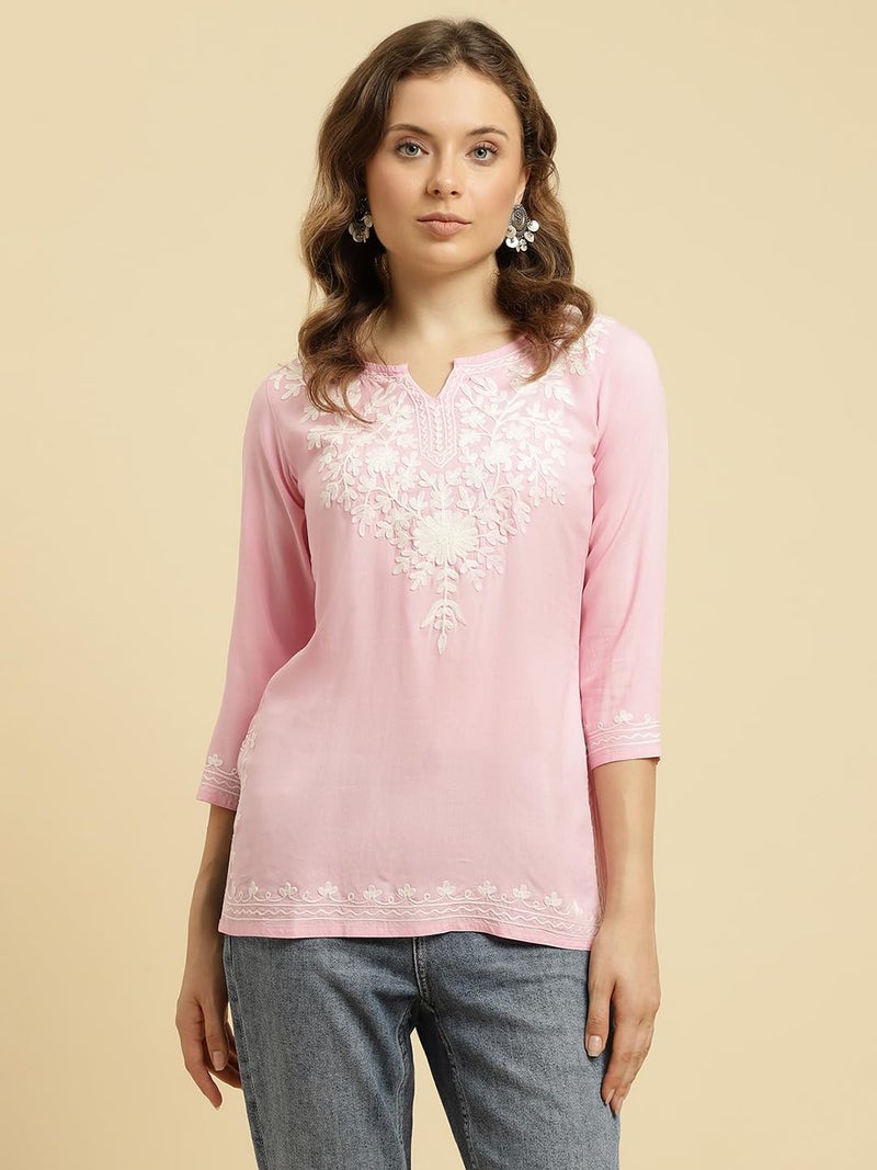 QAZMI Kashmiri Embriodered Short Kurti Light Pink Aari Short_L - Image 2