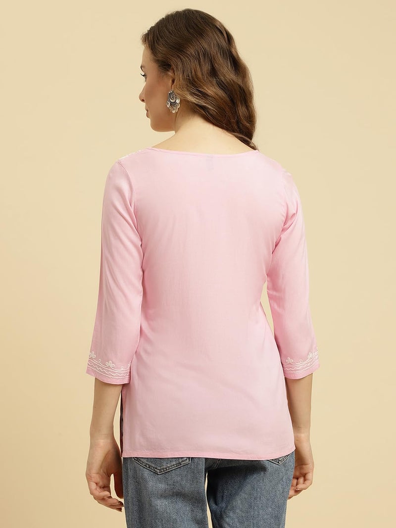 QAZMI Kashmiri Embriodered Short Kurti Light Pink Aari Short_L - Image 4