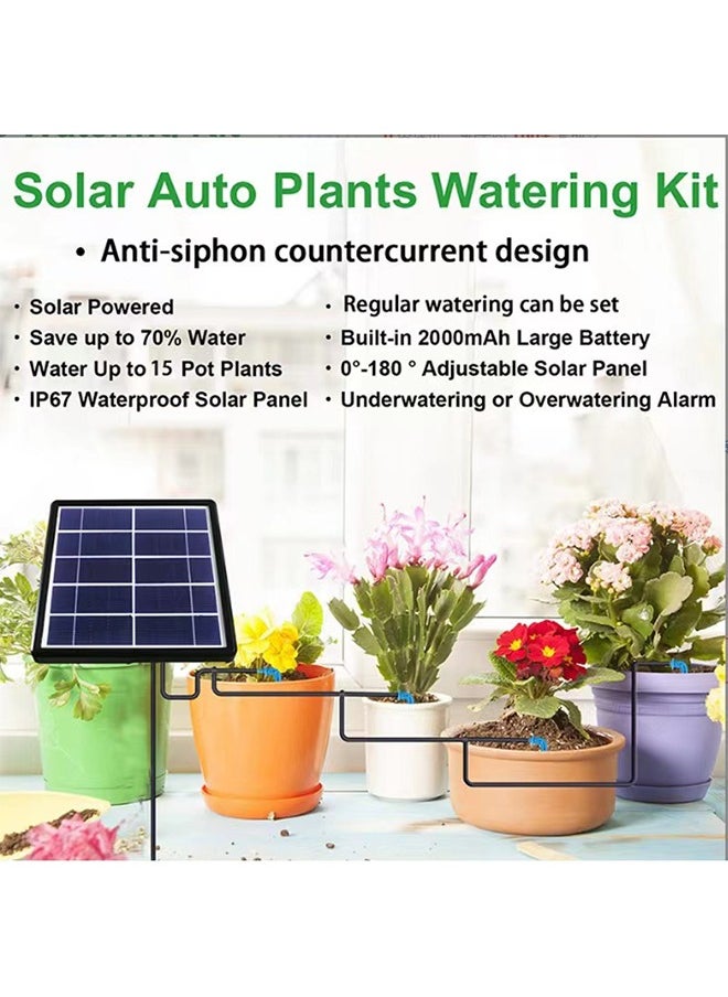 Solar Auto Drip Irrigation Kit System, Solar Powered Plants Watering System, Self Watering Devices Supported 15Pots with 6Timing Modes, Irrigation System for Indoor and Outdoor,Balcony Patio & Garden