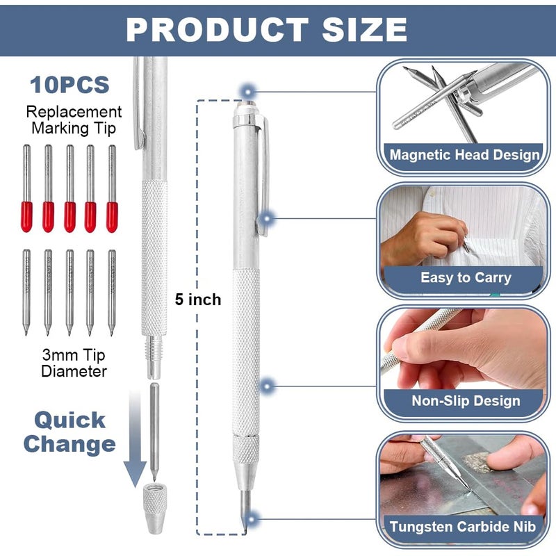 Serplex Serplex 2Pcs Tungsten Scribers with 10 Interchangeable Tungsten Tips AntiSlip Pocket Tungsten Scriber with Strong Magnet Cap Multipurpose Tungsten Carbide Scribers for GlassCeramicsMetal Sheet  - Image 2
