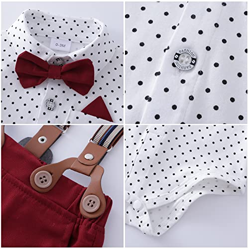 SANMIO Baby Boy Clothes Suit 0-3 Months Boys Baptism Easter Outfits Baby Shirt+Bow Tie+Pants+Suspenders 4Pcs Christmas Wedding Clothing Set (Dots, 0-3 Months) - Image 4