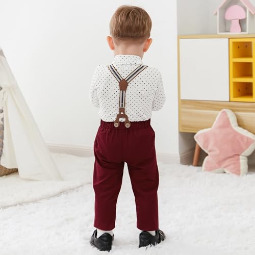 SANMIO Baby Boy Clothes Suit 0-3 Months Boys Baptism Easter Outfits Baby Shirt+Bow Tie+Pants+Suspenders 4Pcs Christmas Wedding Clothing Set (Dots, 0-3 Months) - Image 3