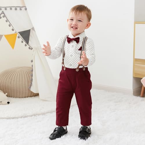 SANMIO Baby Boy Clothes Suit 0-3 Months Boys Baptism Easter Outfits Baby Shirt+Bow Tie+Pants+Suspenders 4Pcs Christmas Wedding Clothing Set (Dots, 0-3 Months) - Image 2