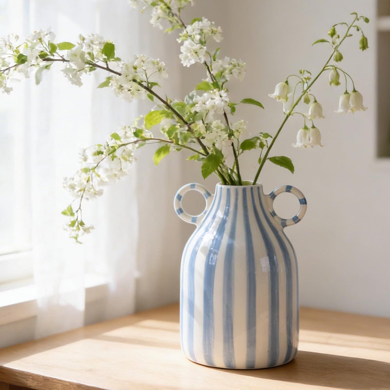 oliruim Ceramic Blue and White Striped Vase with Handle, Modern Minimalist Coastal Decor Home for Centerpieces for Tables, Kitchen Office, Bookshelf, Bedroom Aesthetic Decor (A) - Image 1