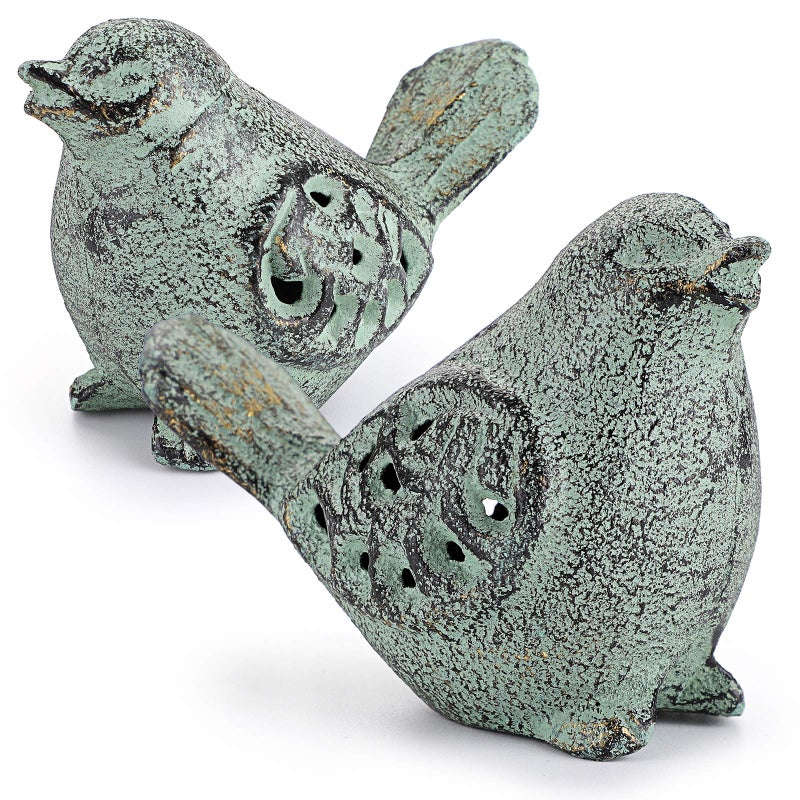 OwnMy 2PCS Cast Iron Green Bird Sculptures  Outdoor  Indoor Small Statues Hollow Carved Bird Figurines Ornaments Decorative Animal Figurines for Garden Patio Home Decors