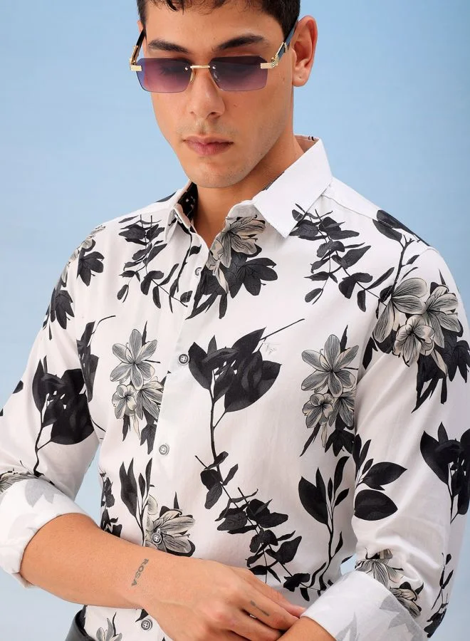The Indian Garage Co Men Slim Fit Floral Printed Full Sleeves Cutaway Collar Party Wear Shirt