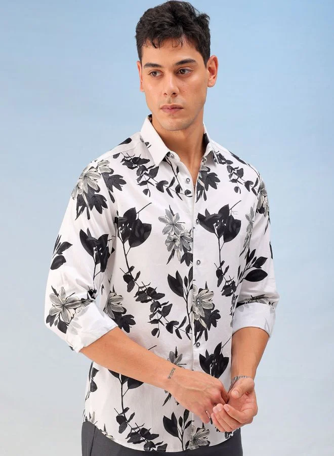 The Indian Garage Co Men Slim Fit Floral Printed Full Sleeves Cutaway Collar Party Wear Shirt