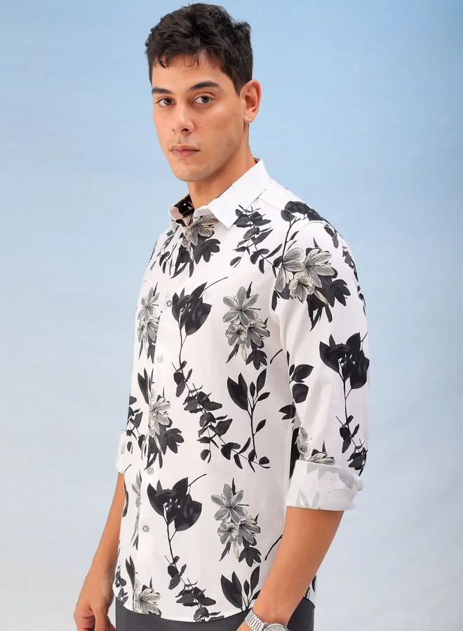 The Indian Garage Co Men Slim Fit Floral Printed Full Sleeves Cutaway Collar Party Wear Shirt