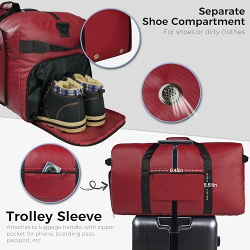 Fmeida 65L Duffle Bag with Shoes Compartment, Foldable Travel Duffel Bags for Men Women, Large Packable Travel Bag Water Repellent & Tear Resistant (Red) - Image 5