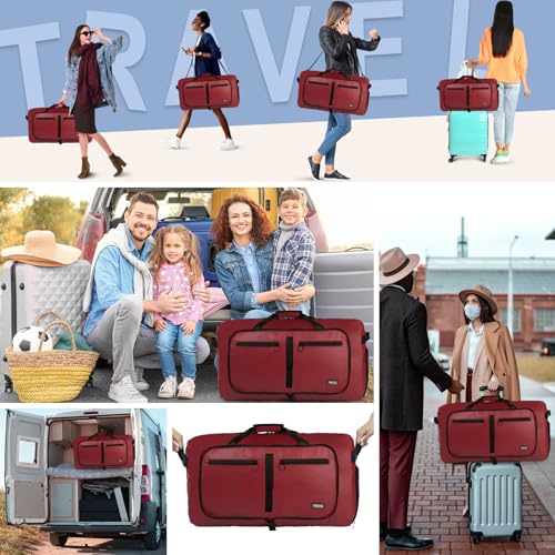 Fmeida 65L Duffle Bag with Shoes Compartment, Foldable Travel Duffel Bags for Men Women, Large Packable Travel Bag Water Repellent & Tear Resistant (Red) - Image 2