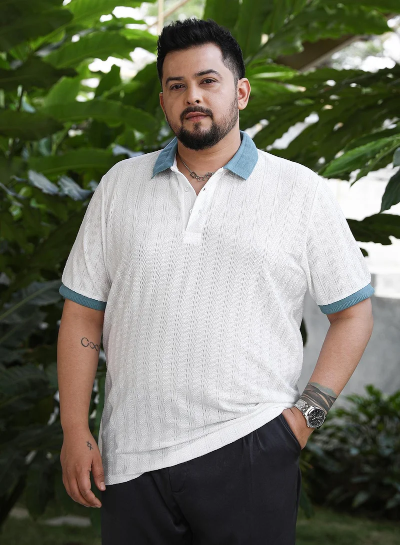 Instafab Plus Instafab Plus Men's White & Blue Contrast Texture Polo T-Shirt For Casual Wear | Polo Neck | Short Sleeves | Half-Button Closure | Plus Size T-Shirt Crafted With Comfort Fit For Everyday Wear