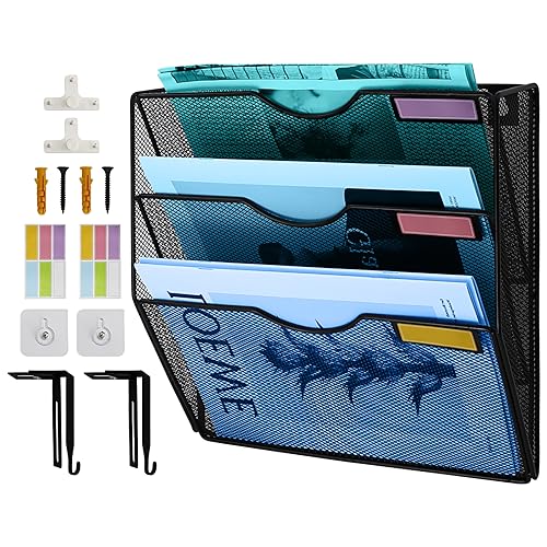 TSDRBWO 3 Tier Hanging Wall File Holder Metal Mesh File Organizer Mail Organizer Wall Mounted Magazine Storage Rack Magazine Holder Vertical Wall Mounted Mesh Hanging File Folders Paper Organizer - Image 1