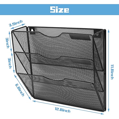 TSDRBWO 3 Tier Hanging Wall File Holder Metal Mesh File Organizer Mail Organizer Wall Mounted Magazine Storage Rack Magazine Holder Vertical Wall Mounted Mesh Hanging File Folders Paper Organizer - Image 3