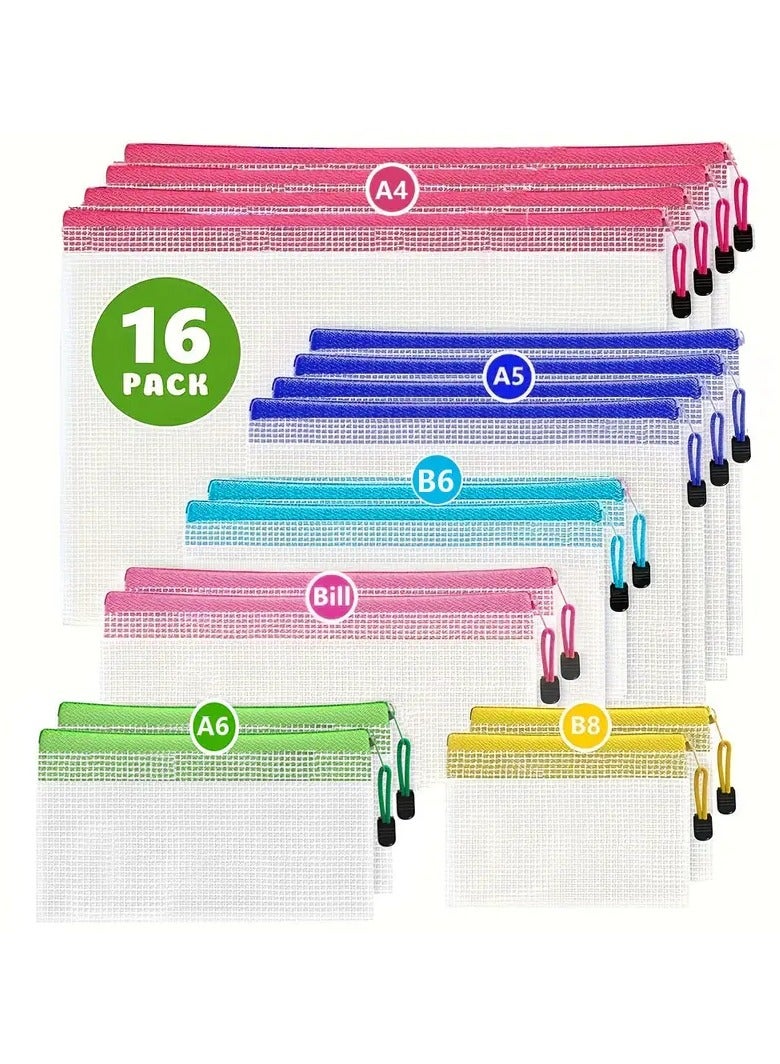 Generic 16pcs Mesh Zipper Pouch Document Bags, 6 Sizes File Bags, Clear Multipurpose PVC Bags, Waterproof Zipper Pouches, Colored Travel Zipper Bags For School, Office, Home Storage  - Image 1
