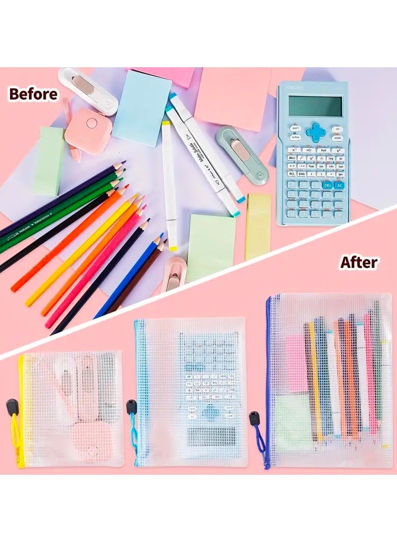 Generic 16pcs Mesh Zipper Pouch Document Bags, 6 Sizes File Bags, Clear Multipurpose PVC Bags, Waterproof Zipper Pouches, Colored Travel Zipper Bags For School, Office, Home Storage  - Image 3