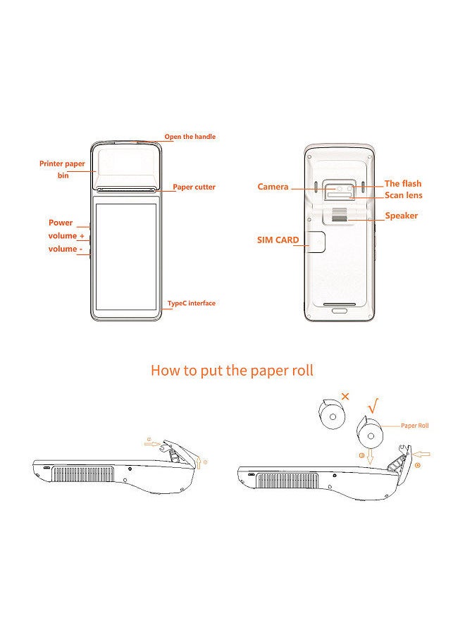 Generic - Handheld 4G POS Receipt Printer Android 11 1D/2D Barcode Scanner PDA Terminal with CCD 1D Barcode Reader Support WiFi BT with 5“ Touchscreen 58mm Width Thermal Label Printing - Image 1