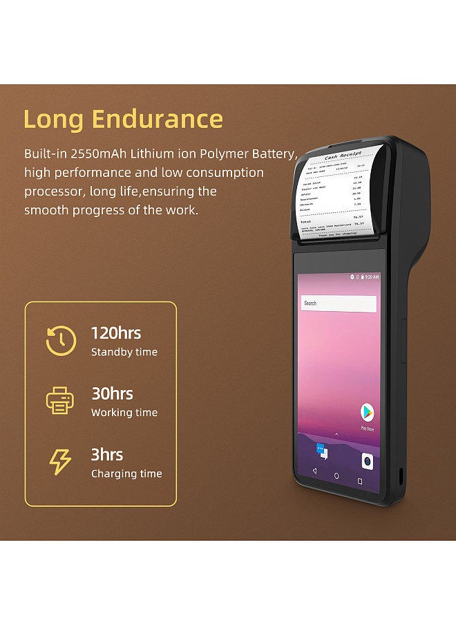 Generic - Handheld 4G POS Receipt Printer Android 11 1D/2D Barcode Scanner PDA Terminal with CCD 1D Barcode Reader Support WiFi BT with 5“ Touchscreen 58mm Width Thermal Label Printing - Image 1