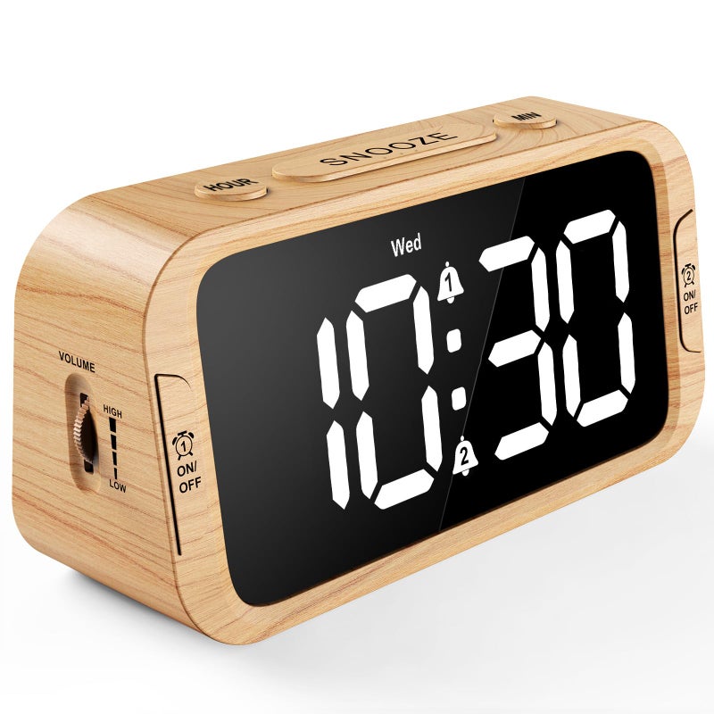 Odokee Digital Dual Alarm Clock for Bedroom 0100 Dimmer WeekdayWeekend Mode Easy to Set USB Charger Adjustable Alarm Volume with 5 Alarm Sounds Snooze 1224Hr Battery Backup Wood Grain