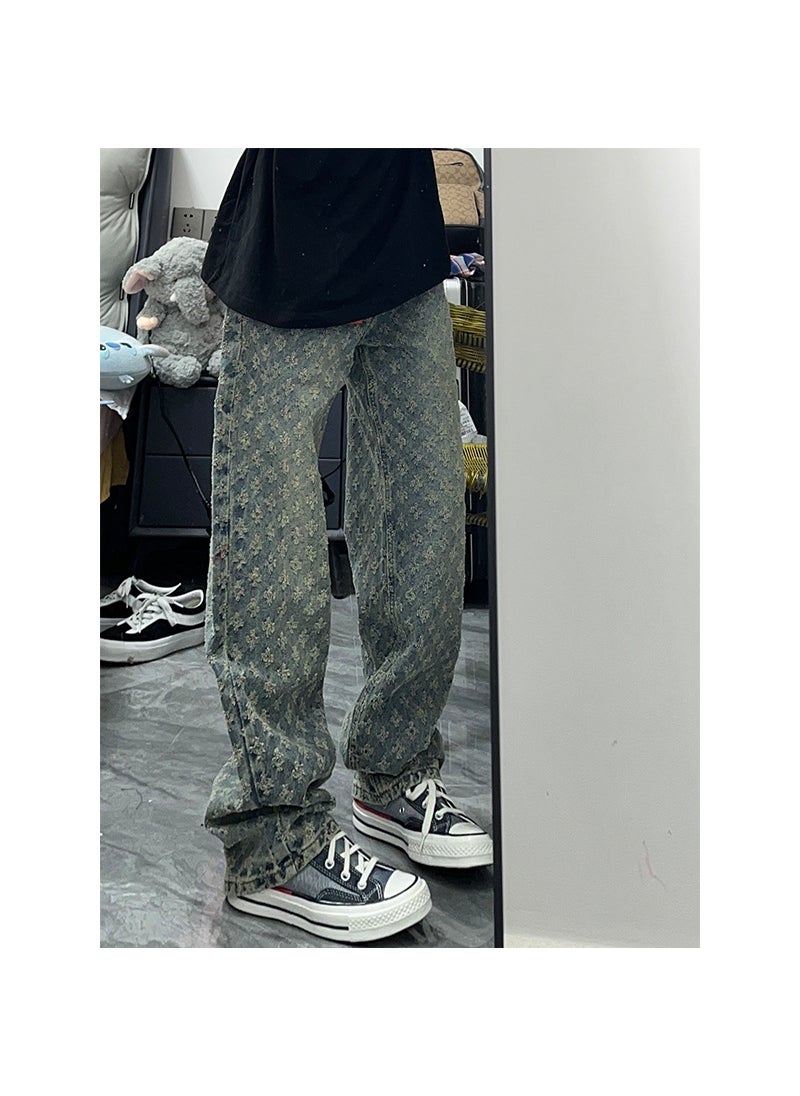 Generic - BlueJacquard Straight-Leg Denim Pants Trendy Brand Design SensibilityNiche American Style Casual Pants For Men Summer Blue - Image 1
