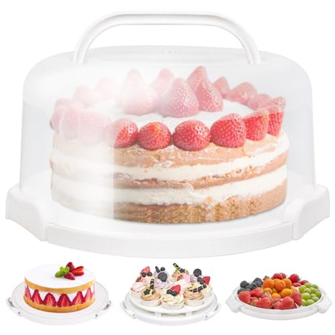 Ohuhu Cake Container, Cake Carrier with Lid and Handle BPA-Free Cake Holder for 10 inch Cake with 2 Handles Cupcake Carrier - Plastic Cover Two Sided Base for Transport Pies Nuts Fruit
