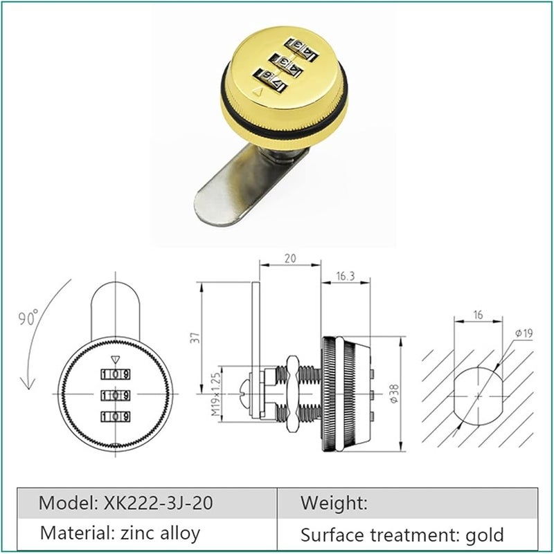 Gold Smart Cam Code Lock 3 Digit Combination Password Cabinet Door Drawer Lock Box - Image 3