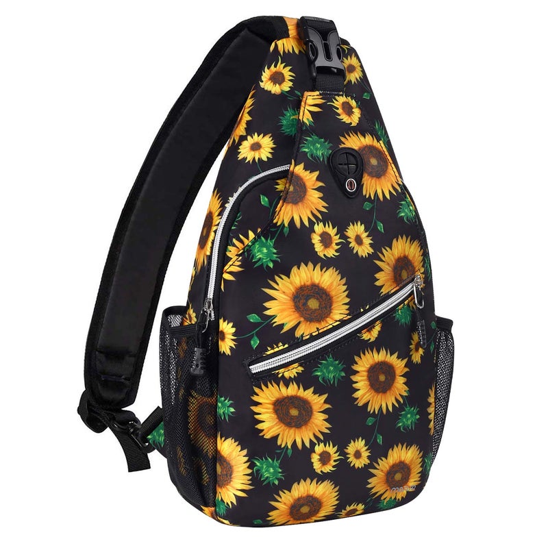 MOSISO Sling Backpack,Travel Hiking Daypack Sunflower Rope Crossbody Shoulder Bag, Black - Image 1