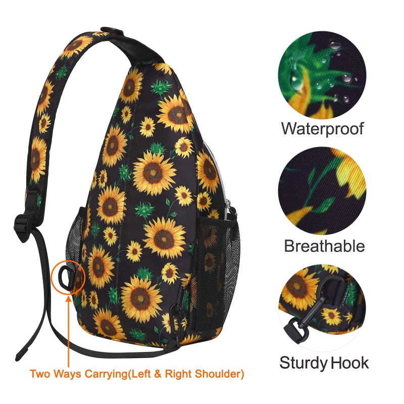 MOSISO Sling Backpack,Travel Hiking Daypack Sunflower Rope Crossbody Shoulder Bag, Black - Image 4