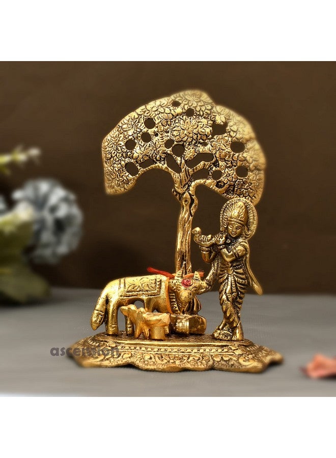 ascension Designer Metal Lord Metal Cow Calf and Krishna Idol Showpiece Under Tree Sculpture for Home Décor Home Diwali Puja Home Decoration Festival Gifts with Bhagavad Geeta - Image 2