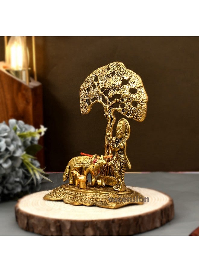 ascension Designer Metal Lord Metal Cow Calf and Krishna Idol Showpiece Under Tree Sculpture for Home Décor Home Diwali Puja Home Decoration Festival Gifts with Bhagavad Geeta - Image 3