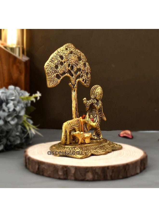 ascension Designer Metal Lord Metal Cow Calf and Krishna Idol Showpiece Under Tree Sculpture for Home Décor Home Diwali Puja Home Decoration Festival Gifts with Bhagavad Geeta - Image 4
