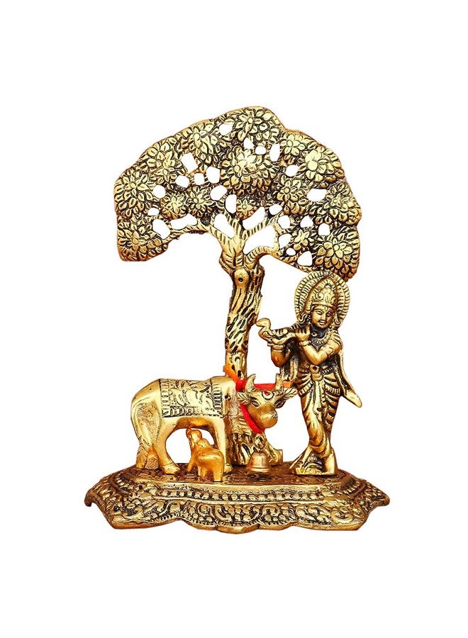 ascension Designer Metal Lord Metal Cow Calf and Krishna Idol Showpiece Under Tree Sculpture for Home Décor Home Diwali Puja Home Decoration Festival Gifts with Bhagavad Geeta - Image 5