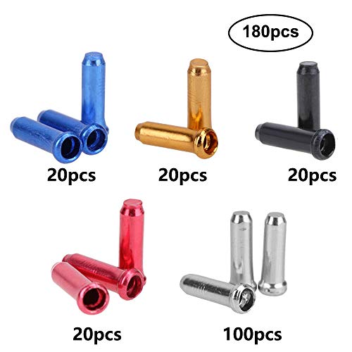 Saipor Saiper 180pcs Aluminum Alloy Bike Brake Cable Caps Shift Cable Gear Wire End Tips Crimps for Road Bike and Mountain Bicycle, 100pcs Silver+20 PCS for Each Color of Black Blue Golden Red - Image 3
