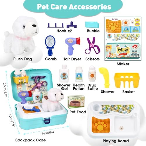 Yuilgdo Pet Care Play Set for Kids 16Pcs Doctor Kit Pretend Play Vet Puppy Dog Grooming Feeding Toys with Backpack Educational Toys for Girls and Boys 37 Years Old - Image 5