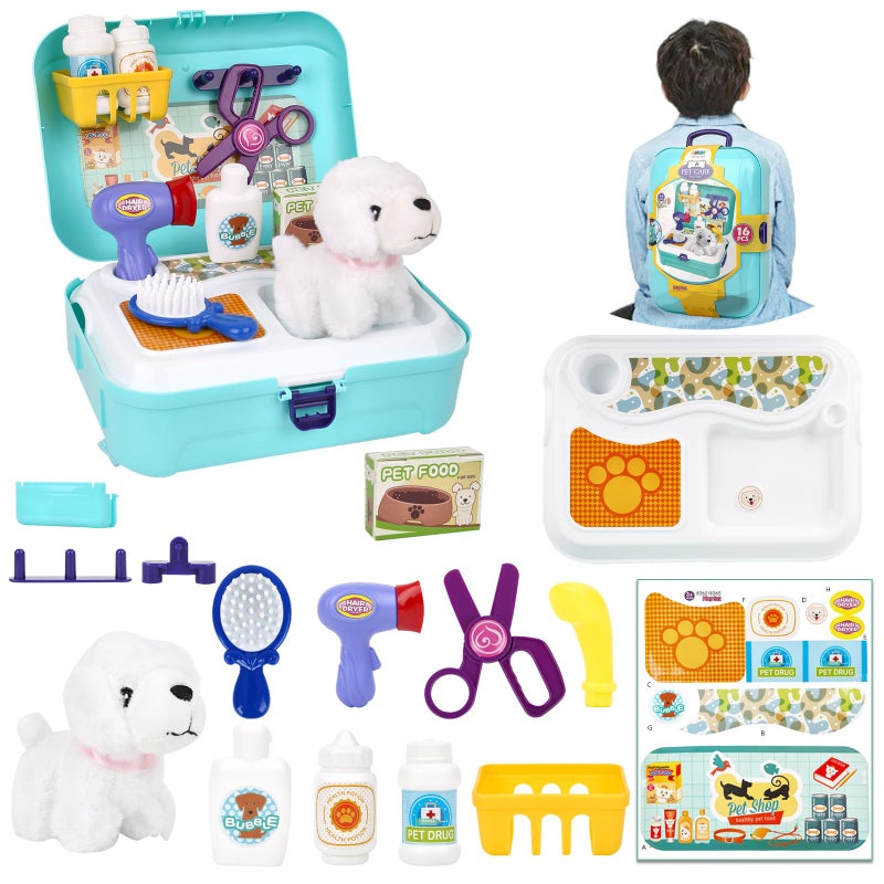 Yuilgdo Pet Care Play Set for Kids 16Pcs Doctor Kit Pretend Play Vet Puppy Dog Grooming Feeding Toys with Backpack Educational Toys for Girls and Boys 37 Years Old - Image 3