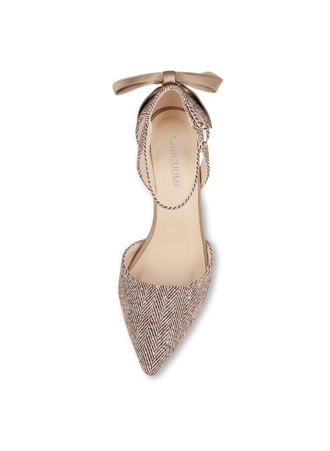Carcuume Women's Closed Toe Heels Bow Stiletto Heel Sandals Pointed Toe Pumps Wedding Shoes, Brown Herringbone, 8 - Image 3