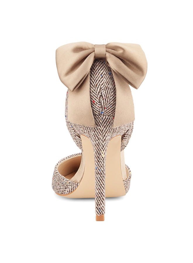 Carcuume Women's Closed Toe Heels Bow Stiletto Heel Sandals Pointed Toe Pumps Wedding Shoes, Brown Herringbone, 8 - Image 5