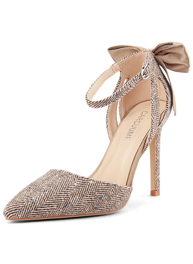 Carcuume Women's Closed Toe Heels Bow Stiletto Heel Sandals Pointed Toe Pumps Wedding Shoes, Brown Herringbone, 8 - Image 1