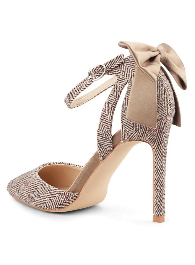 Carcuume Women's Closed Toe Heels Bow Stiletto Heel Sandals Pointed Toe Pumps Wedding Shoes, Brown Herringbone, 8 - Image 4