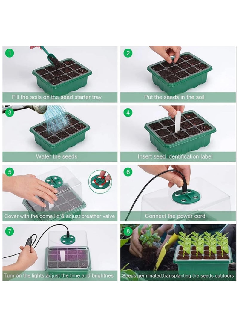 5 قطع من مجموعة إنبات الشتلات مع أضواء LED للنمو، صواني بذور بـ 12 خلية، فتحات تهوية للرطوبة، وأوضاع إضاءة قابلة للتعديل للمبتدئين والعائلات على حد سواء - 18x14x6.3 سم - Image 4