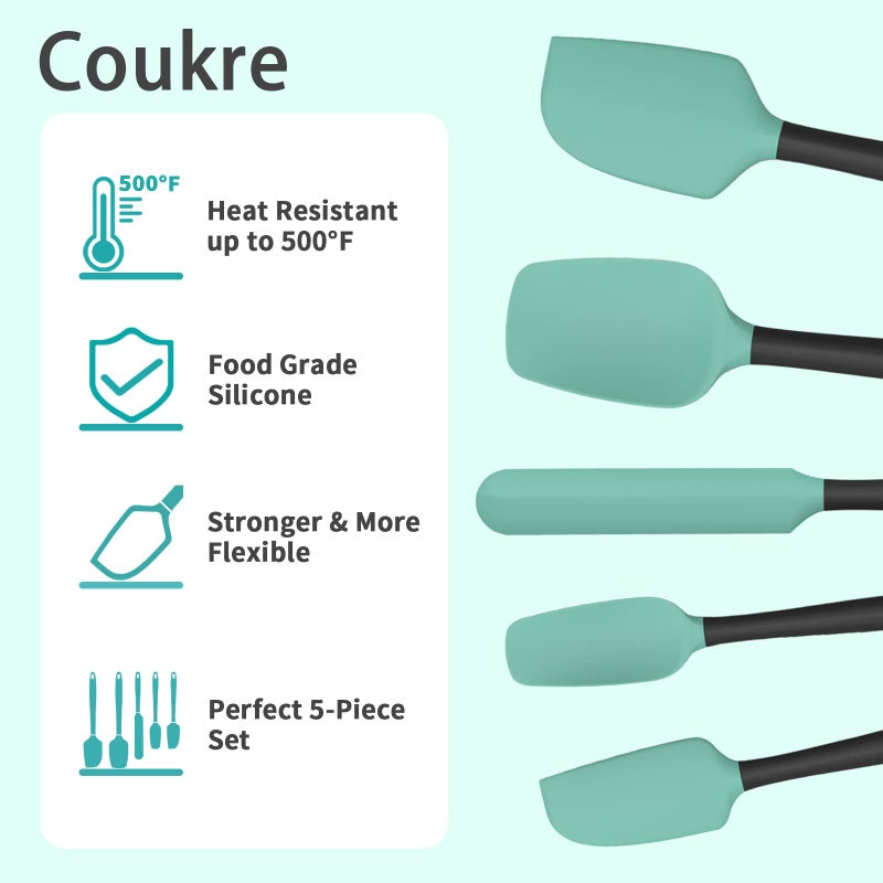 Coukre Silicone Spatula Set of 5 High Temperature Resistant  Food Grade Silicone  Dishwasher Safe  for Baking  Cooking (Aqua Green) - Image 3