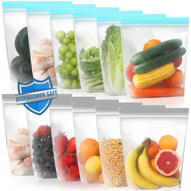 Lerine 12 Pack Reusable Gallon Freezer Bags Dishwasher Microwave Safe Stand Up Reusable Freezer Bags 1 Gallon Silicone and BPA Free Leakproof Food Storage Bags for Meal Prep Kitchen Organization