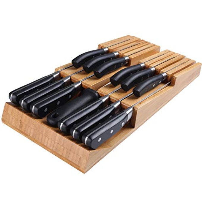 NIUXX Bamboo In-Drawer Knife Block Set for 12 Knives(Not Included), Large Kitchen Detachable Washable Cutlery Slot Organizer Storage Holder for Sharpening Steel and Cutter