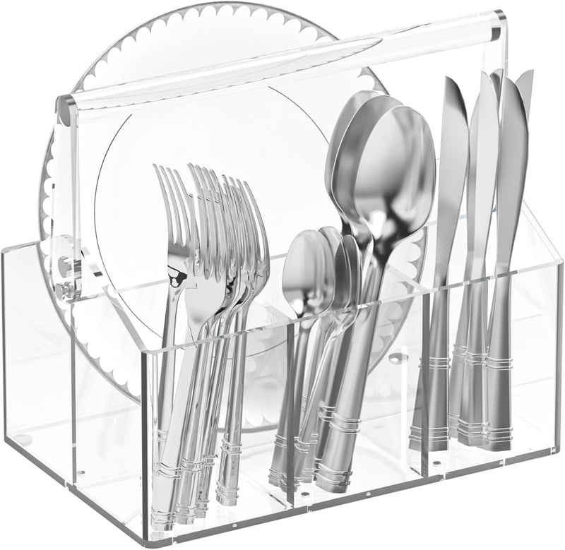 Chivalral Silverware Organizer Paper Plate Holders Cutlery and Flatware Caddy for Countertop Table Buffet and Picnic  Acrylic Party Utensil Holder for Knives Forks Spoons Plates Napkins - Image 1