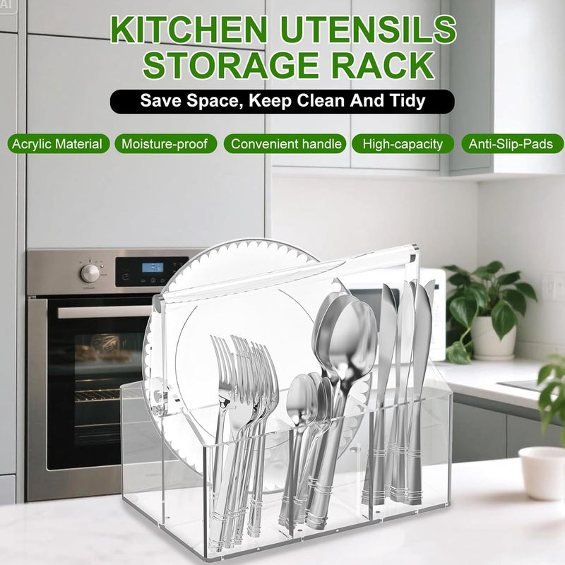 Chivalral Silverware Organizer Paper Plate Holders Cutlery and Flatware Caddy for Countertop Table Buffet and Picnic  Acrylic Party Utensil Holder for Knives Forks Spoons Plates Napkins - Image 4