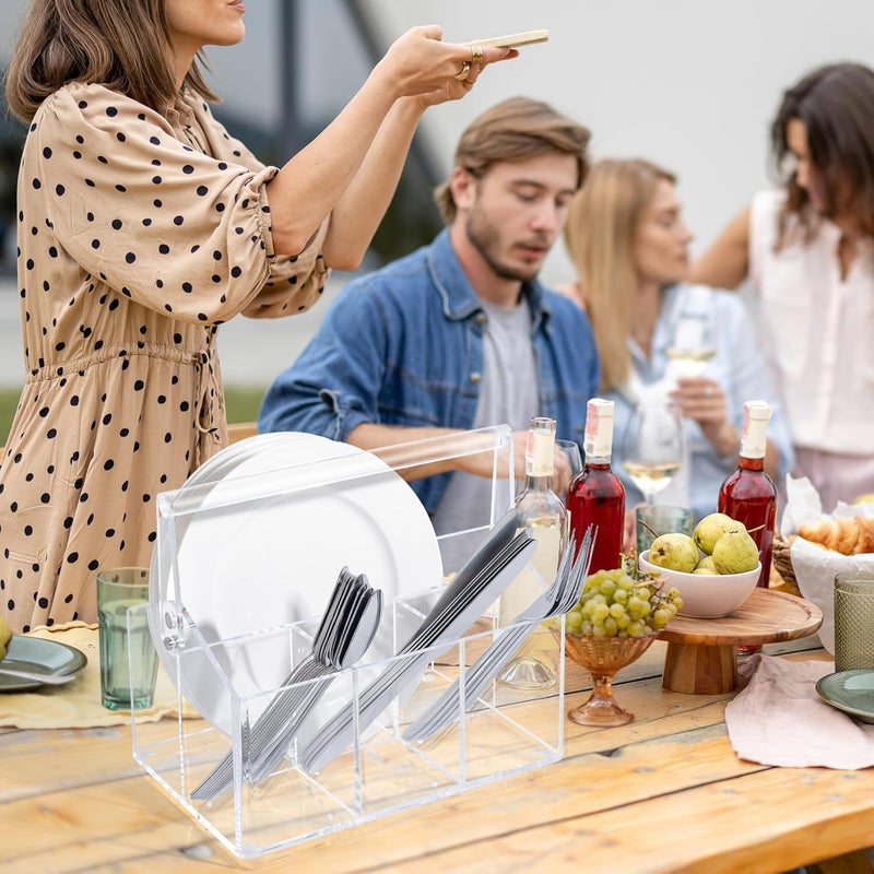 Chivalral Silverware Organizer Paper Plate Holders Cutlery and Flatware Caddy for Countertop Table Buffet and Picnic  Acrylic Party Utensil Holder for Knives Forks Spoons Plates Napkins - Image 5